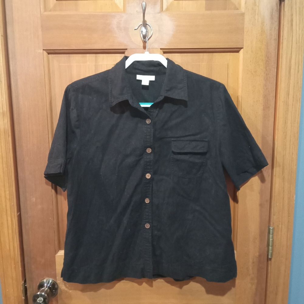 Appleseed's linen rayon blend black short sleeve button up shirt size 14